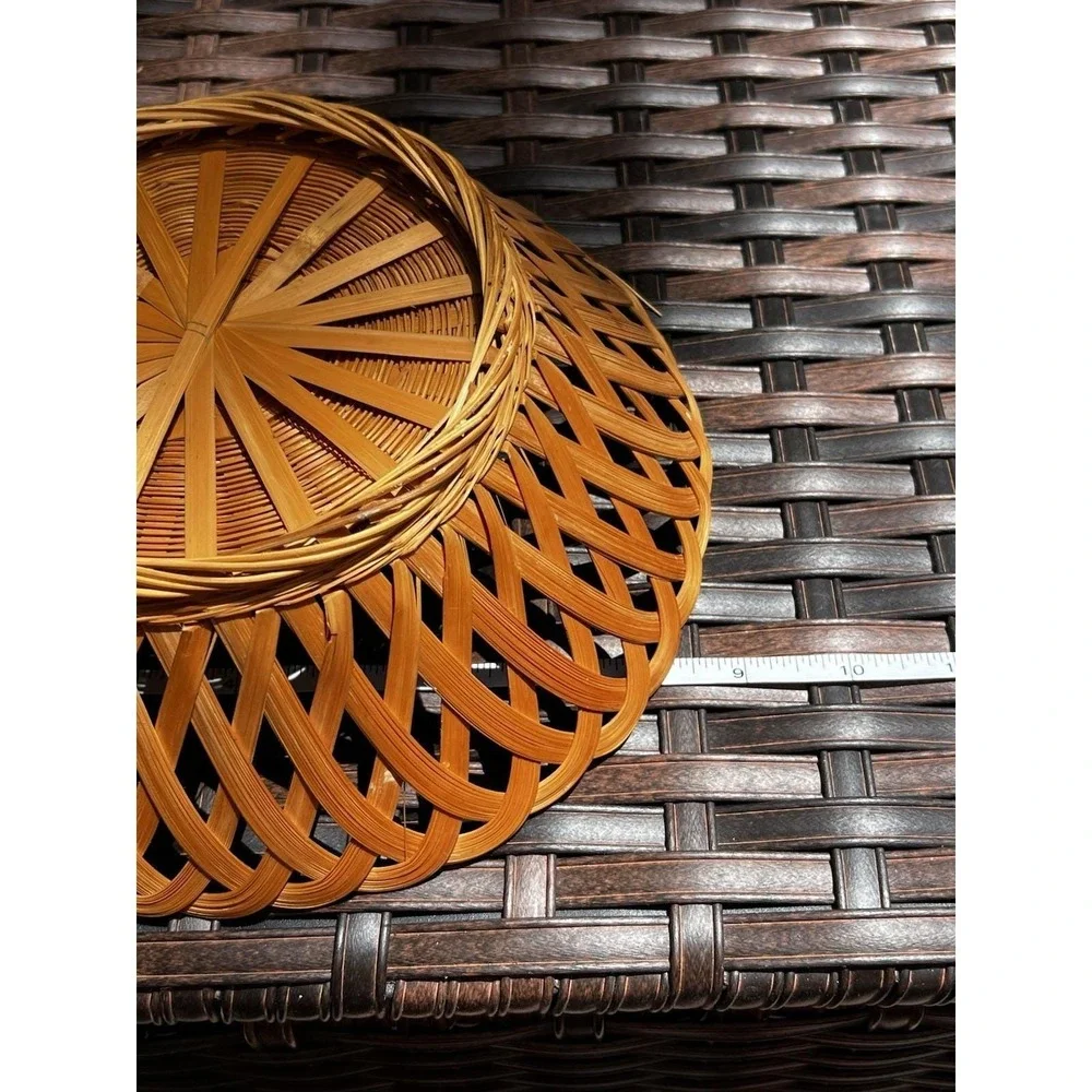 Vintage Boho Woven Wicker Bread Basket Round Open Weave Rattan 9